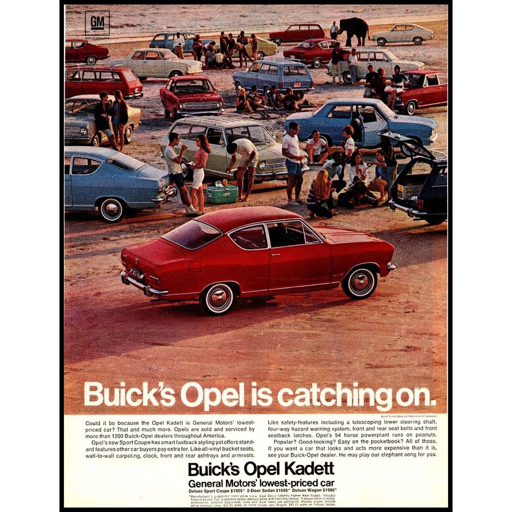 1967 Buick Opel Kadett Vintage Print Ad Beach Party Campfire Elephant Wall Art